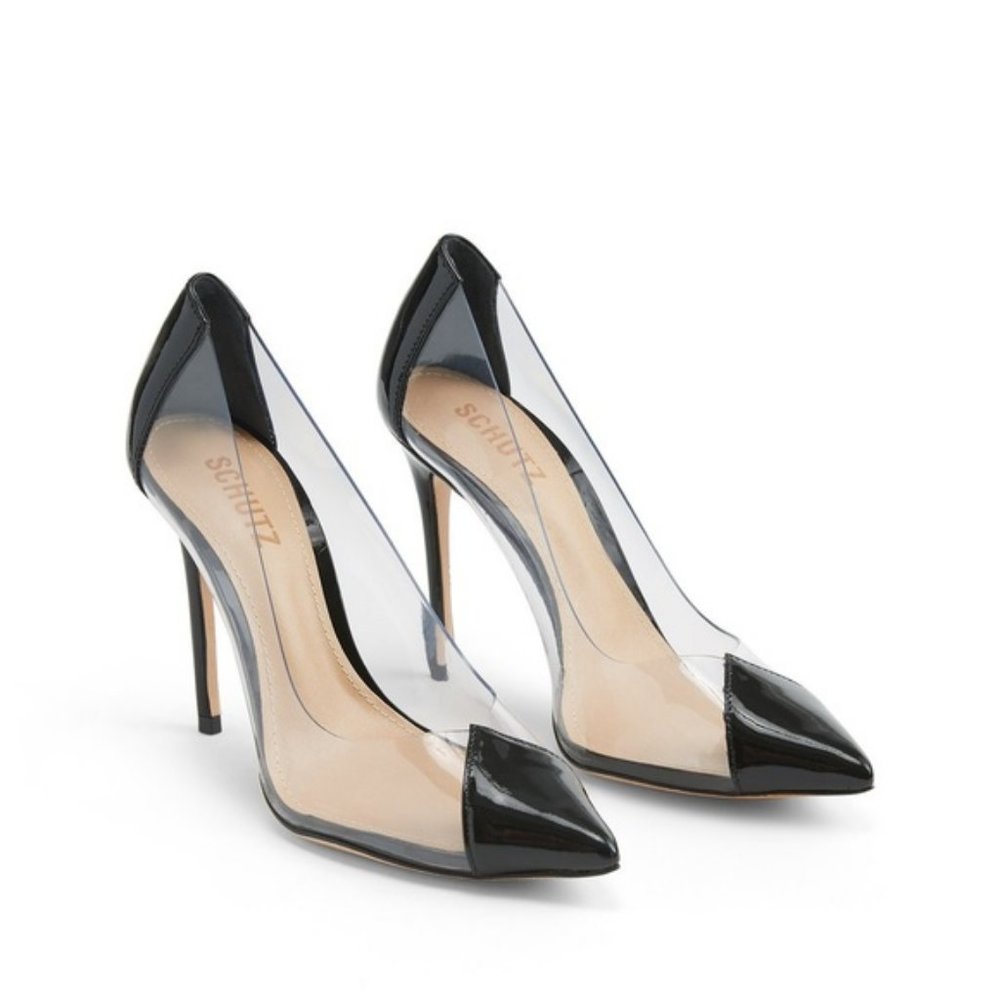 SCHUTZ CENDI BLACK PATENT LEATHER CLEAR HEELS 7.5*